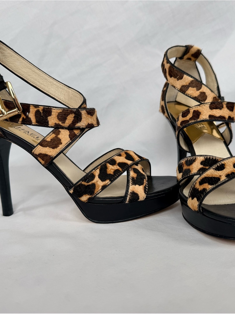 Michael Kors Leopard Fur Strappy Ankle Strap Buckle Open Toe Stiletto 6.5M